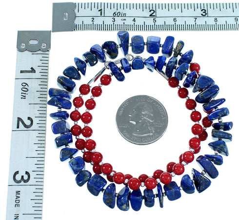 Coral And Lapis Sterling Silver Bead Necklace RX114234